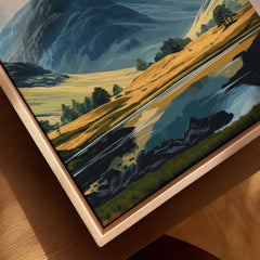 Glencoe Travel Print canvas print close-up showing the natural wood float frame edge and canvas texture