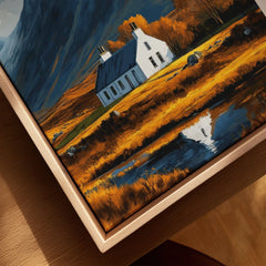 Glencoe Scotland Poster canvas print close-up showing the natural wood float frame edge and canvas texture