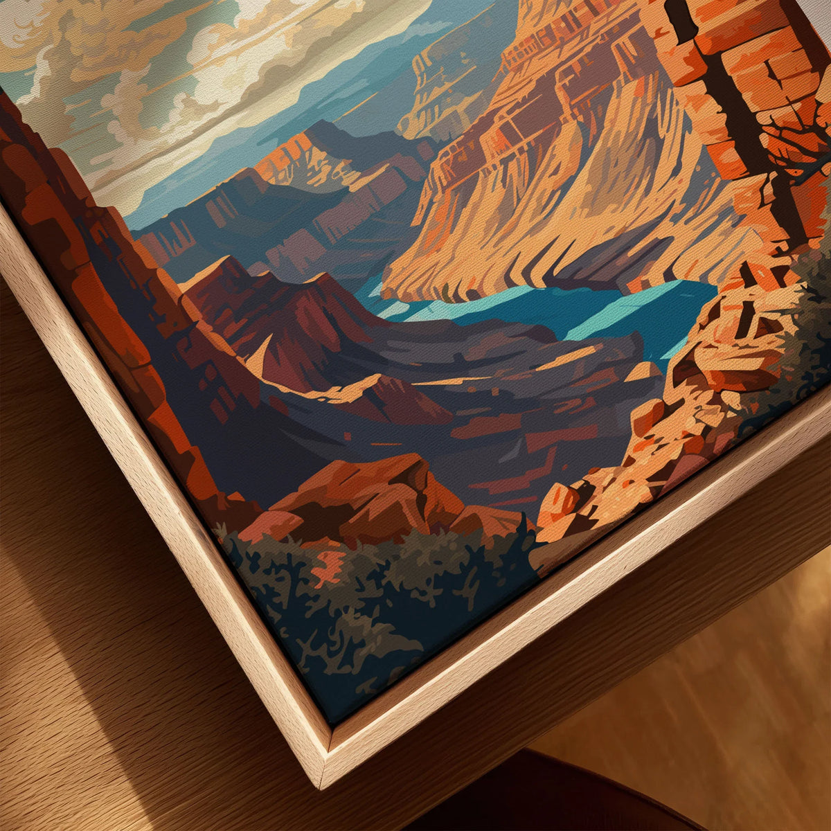 Grand Canyon Poster canvas print close-up showing the natural wood float frame edge and canvas texture