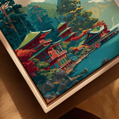 Hakone Japan Lake Ashi Temple Print - Japanese Pagoda Wall Art canvas print close-up showing the natural wood float frame edge and canvas texture