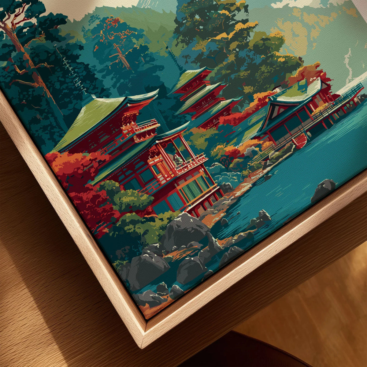 Hakone Japan Lake Ashi Temple Print - Japanese Pagoda Wall Art canvas print close-up showing the natural wood float frame edge and canvas texture