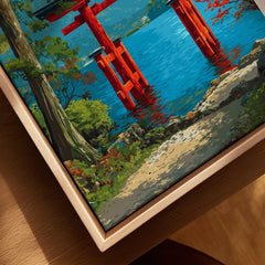Hakone Japan Lake Ashi Torii Gate Poster - Floating Gate Wall Art canvas print close-up showing the natural wood float frame edge and canvas texture