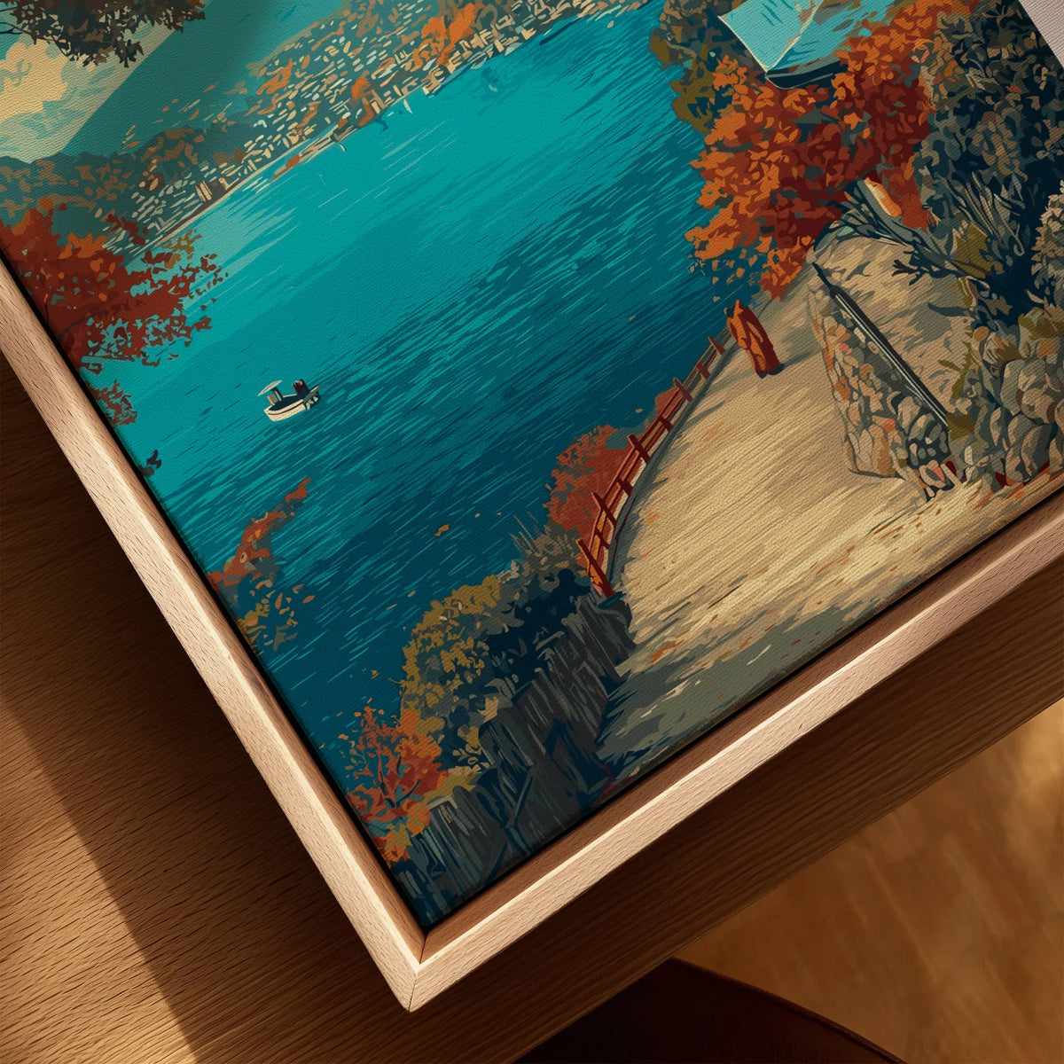 Hakone Print Japan Lake View Pagoda - Mount Fuji Scenic Poster canvas print close-up showing the natural wood float frame edge and canvas texture