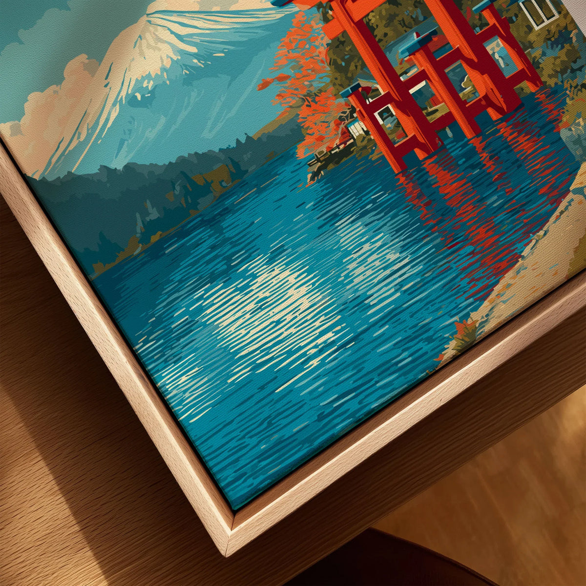 HakonePrint Japan Peace Shrine Torii Artwork - Mount Fuji Lake Ashi Poster canvas print close-up showing the natural wood float frame edge and canvas texture