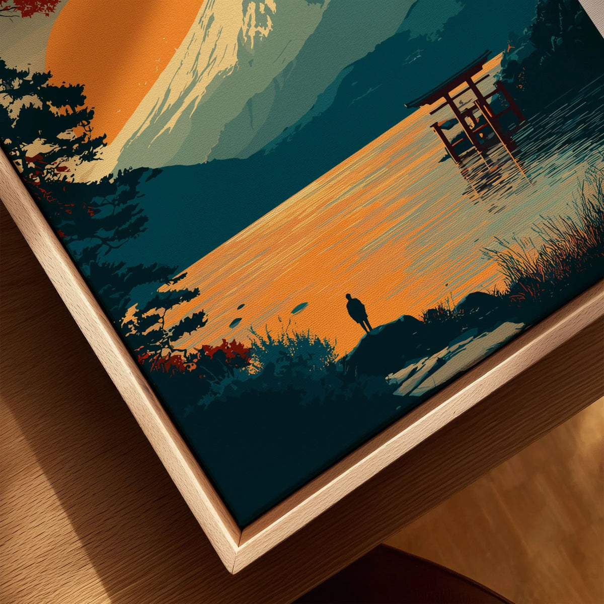Hakone Japan Torii Gate Sunset Poster - Mount Fuji Lake Scene Print canvas print close-up showing the natural wood float frame edge and canvas texture