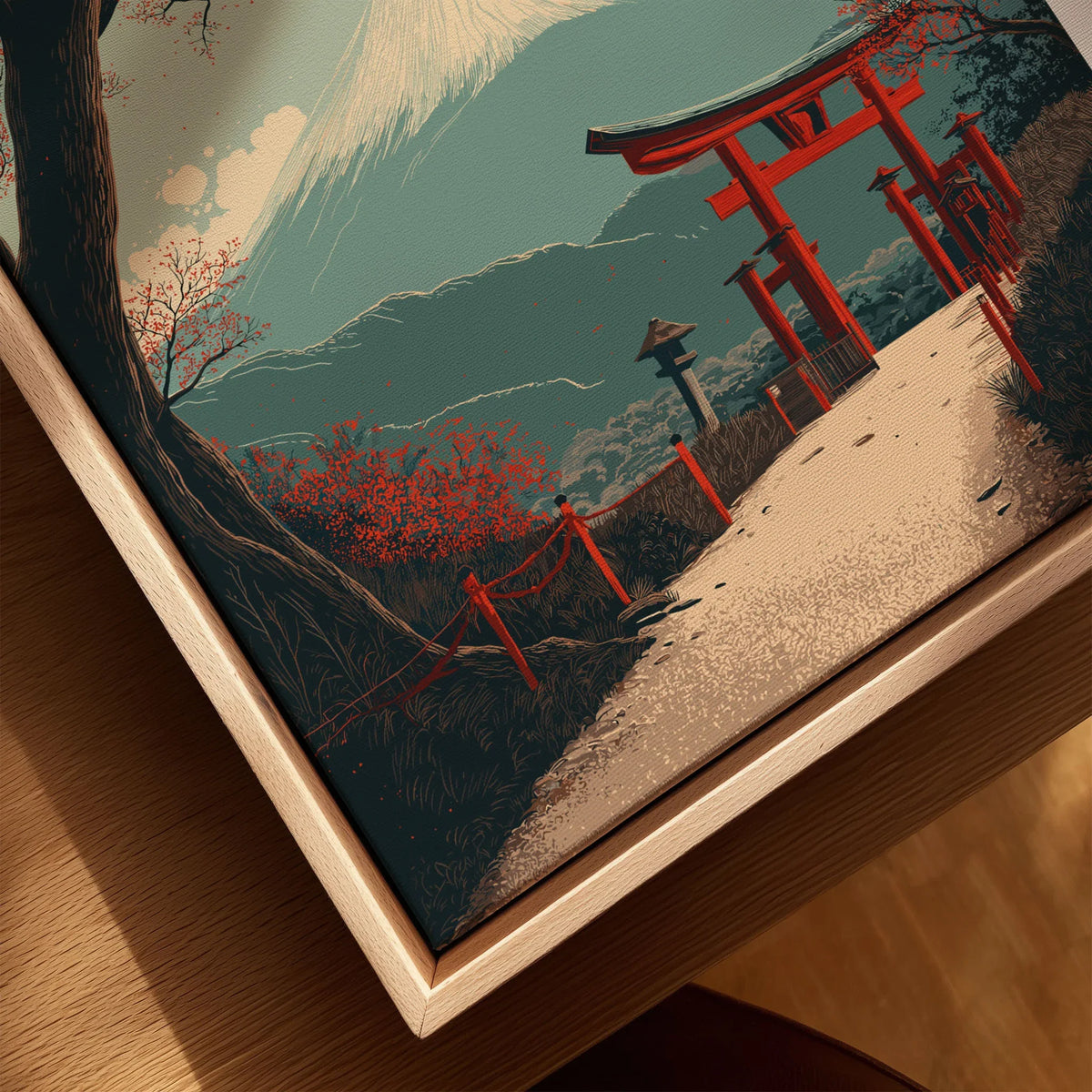 Hakone Japan Torii Gate Mount Fuji Print - Iconic Japanese Poster canvas print close-up showing the natural wood float frame edge and canvas texture