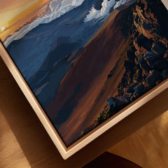 Haleakalā Sunset Poster, Maui Hawaii Wall Art, National Park Travel Print canvas print close-up showing the natural wood float frame edge and canvas texture