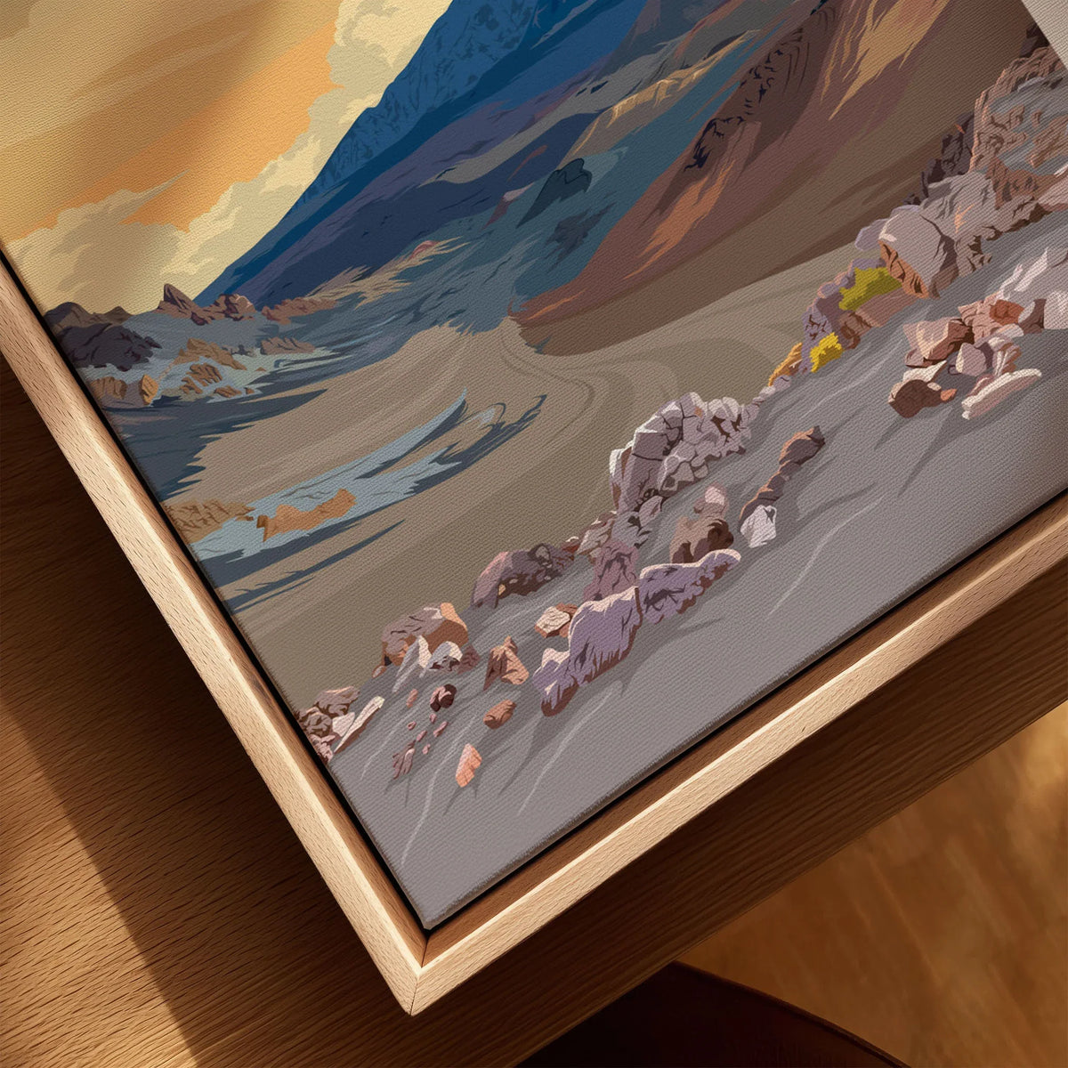 Haleakalā Volcano Poster, Maui Hawaii Travel Print, National Park Wall Art canvas print close-up showing the natural wood float frame edge and canvas texture