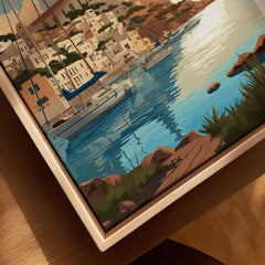 Ibiza Poster Print canvas print close-up showing the natural wood float frame edge and canvas texture