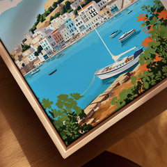 Ibiza Print canvas print close-up showing the natural wood float frame edge and canvas texture