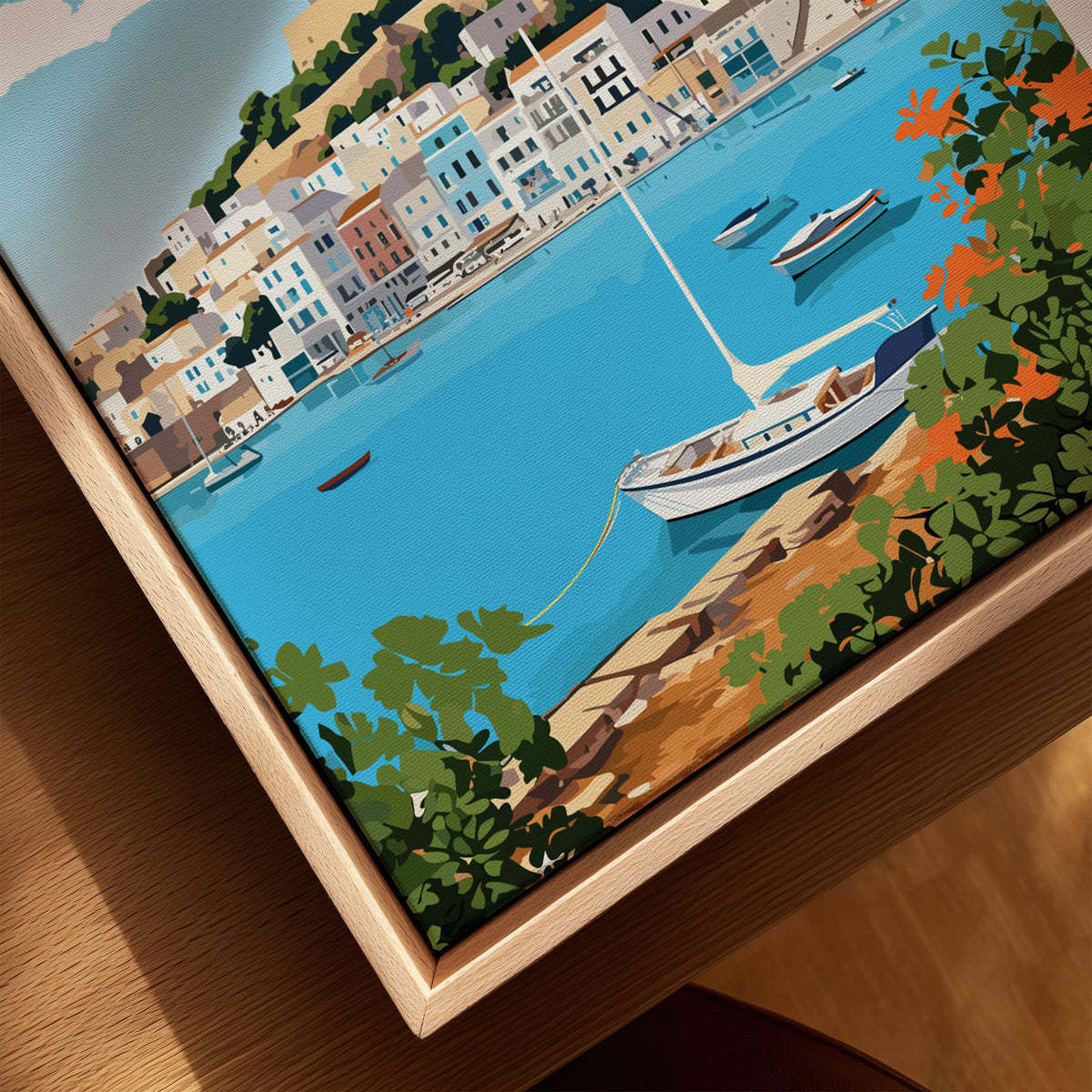 Ibiza Print canvas print close-up showing the natural wood float frame edge and canvas texture