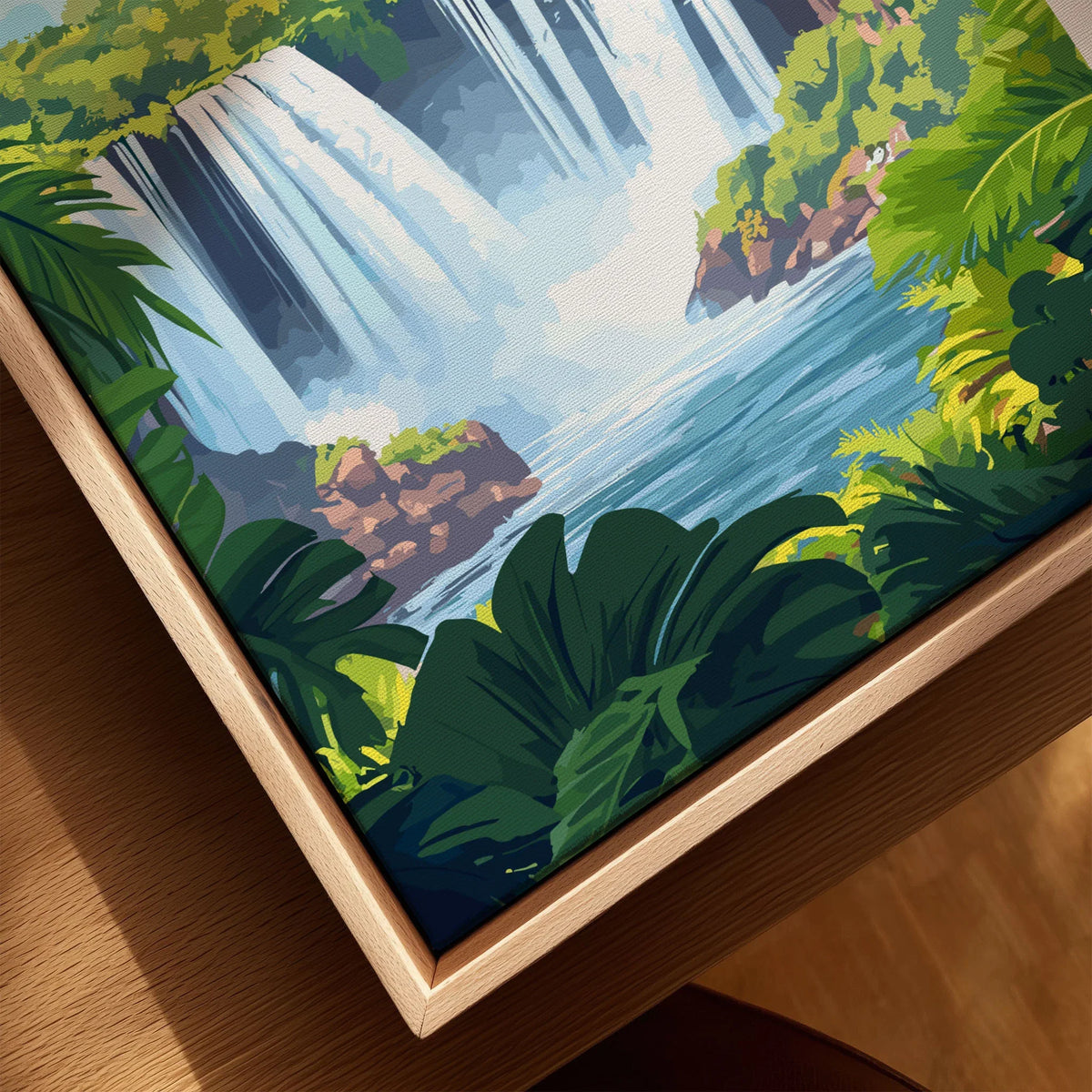 Iguazu Falls Travel Print canvas print close-up showing the natural wood float frame edge and canvas texture