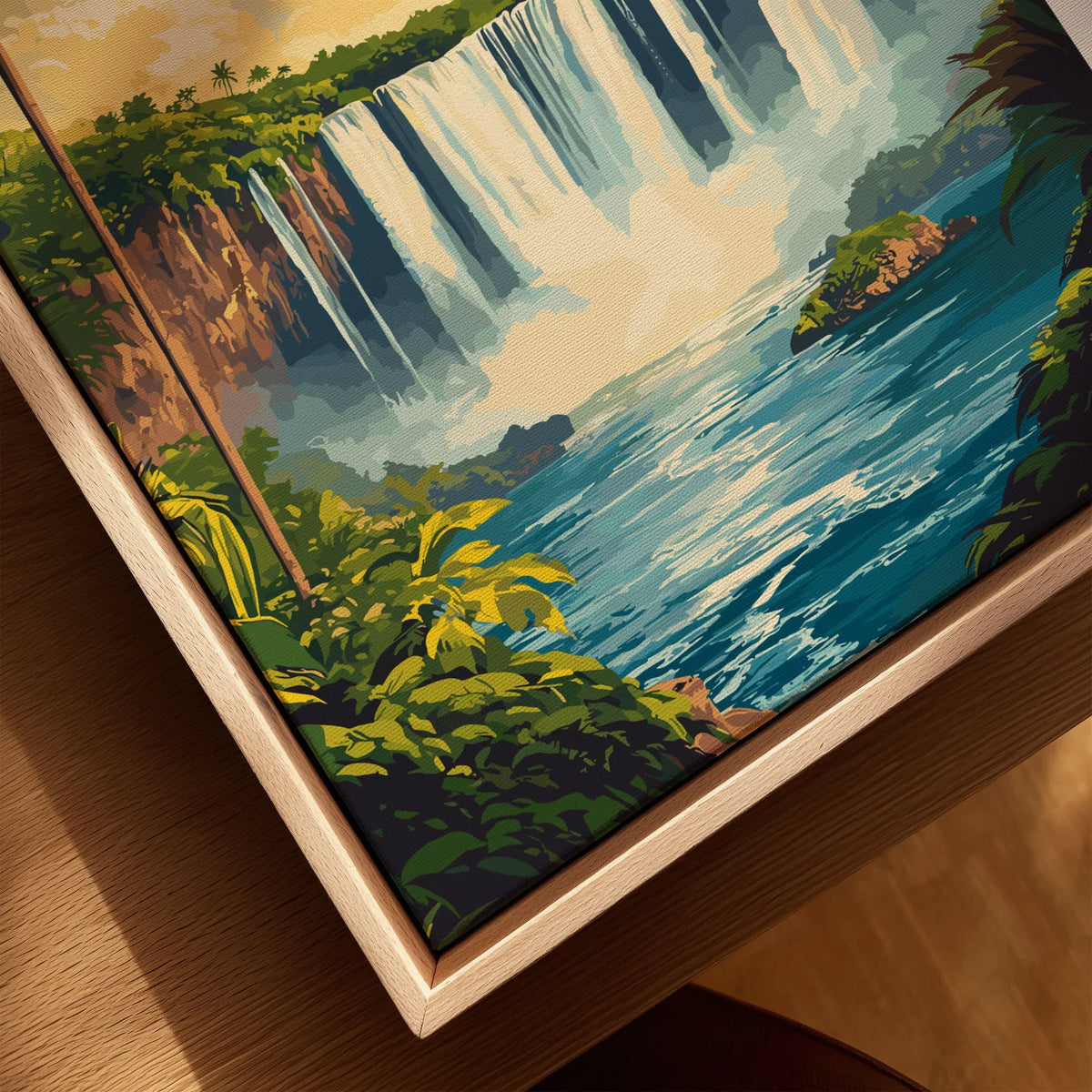 Iguazu Falls Wall Art canvas print close-up showing the natural wood float frame edge and canvas texture
