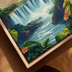 Iguazu Falls Print Argentina canvas print close-up showing the natural wood float frame edge and canvas texture