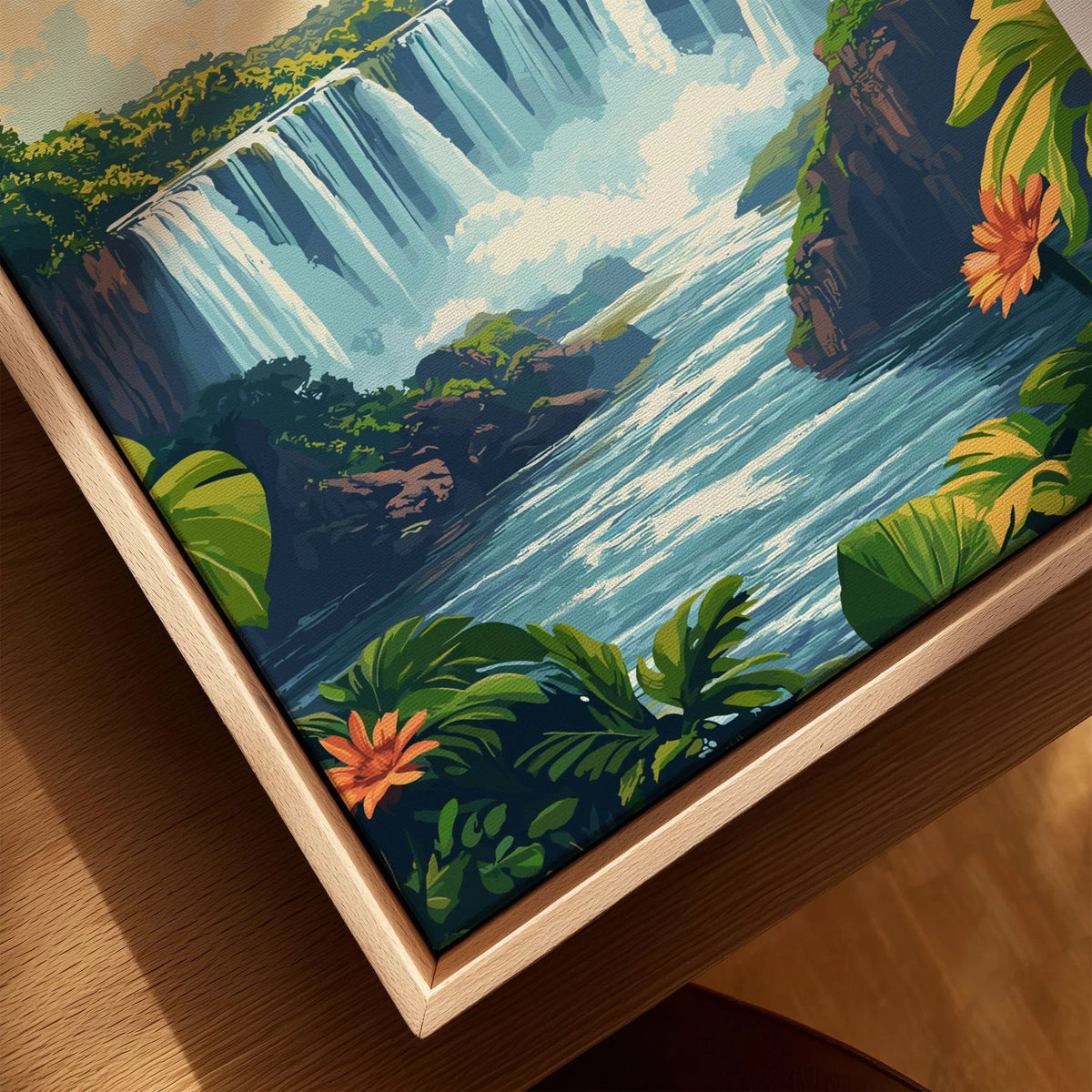 Iguazu Falls Print Argentina canvas print close-up showing the natural wood float frame edge and canvas texture