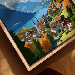 Interlaken Poster canvas print close-up showing the natural wood float frame edge and canvas texture