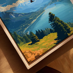 Interlaken Switzerland Poster canvas print close-up showing the natural wood float frame edge and canvas texture