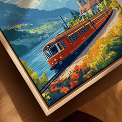 Interlaken Travel Print canvas print close-up showing the natural wood float frame edge and canvas texture