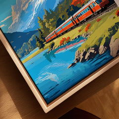 Interlaken Print Switzerland canvas print close-up showing the natural wood float frame edge and canvas texture