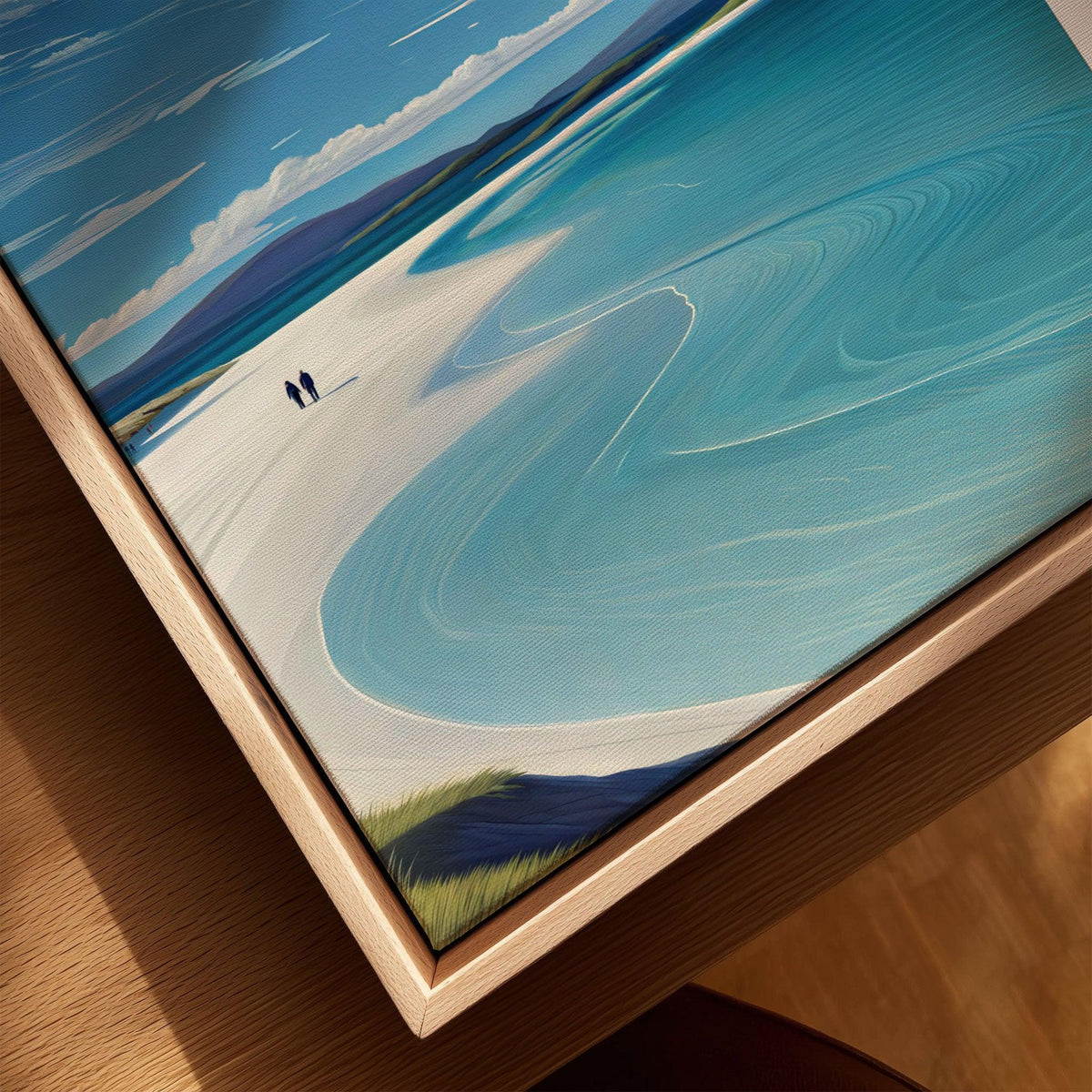 Isle of Harris Scotland Luskentyre Beach Print - White Sand Coastal Wall Art canvas print close-up showing the natural wood float frame edge and canvas texture
