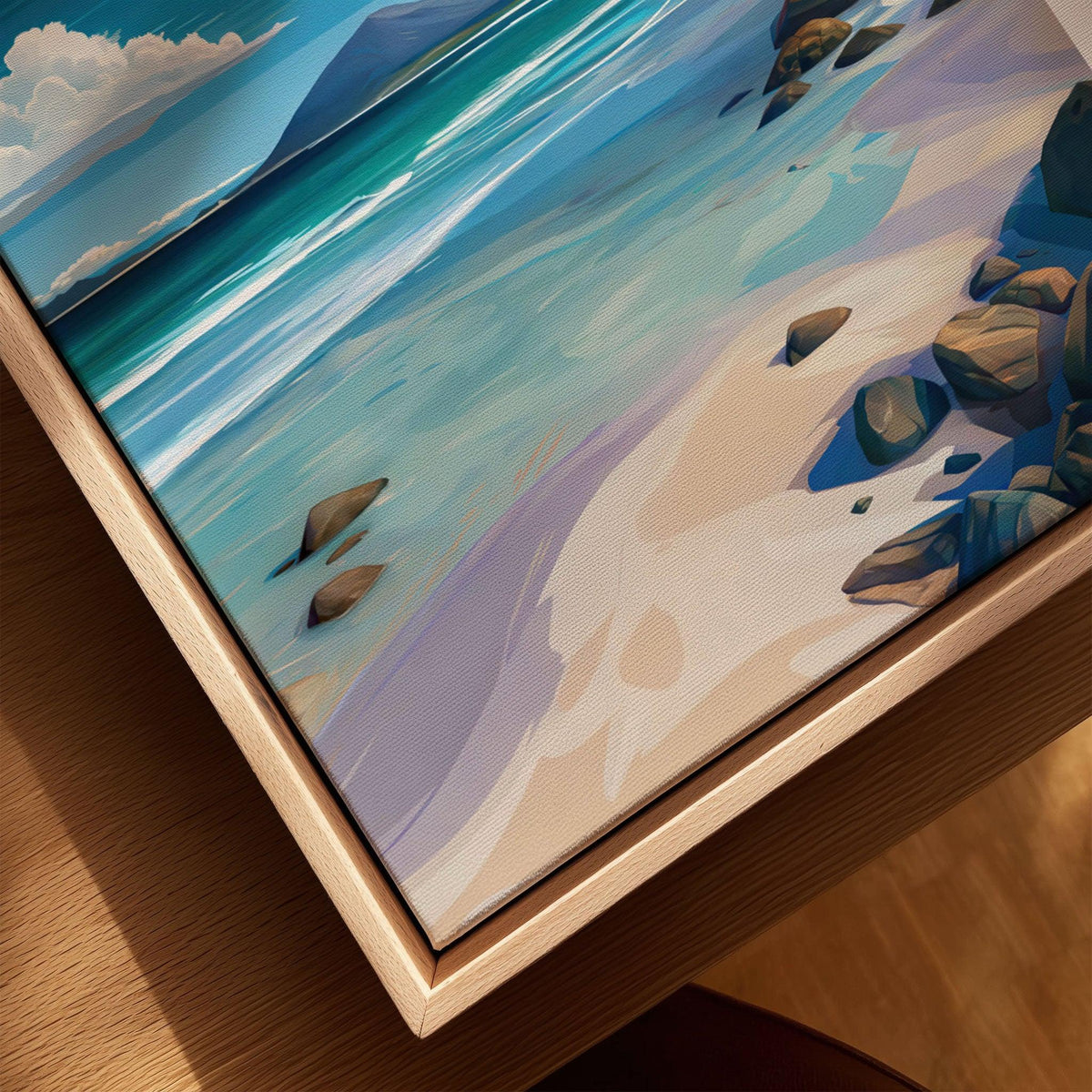 Isle of Harris Scotland Blue Sky Beach Print - Rocky Coastline Wall Art canvas print close-up showing the natural wood float frame edge and canvas texture