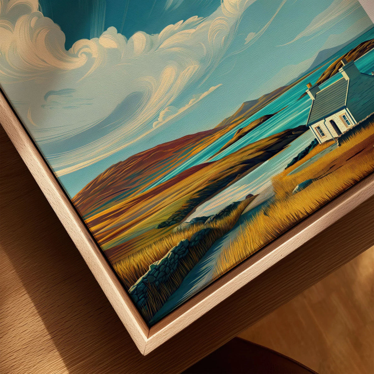 Isle of Harris Print Scotland Coastal Cottage Landscape - Rolling Hills Wall Art canvas print close-up showing the natural wood float frame edge and canvas texture
