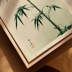 Green Bamboo Art Print – Japanese Botanical Wall Art — closeup framed canvas natural wood floating frame