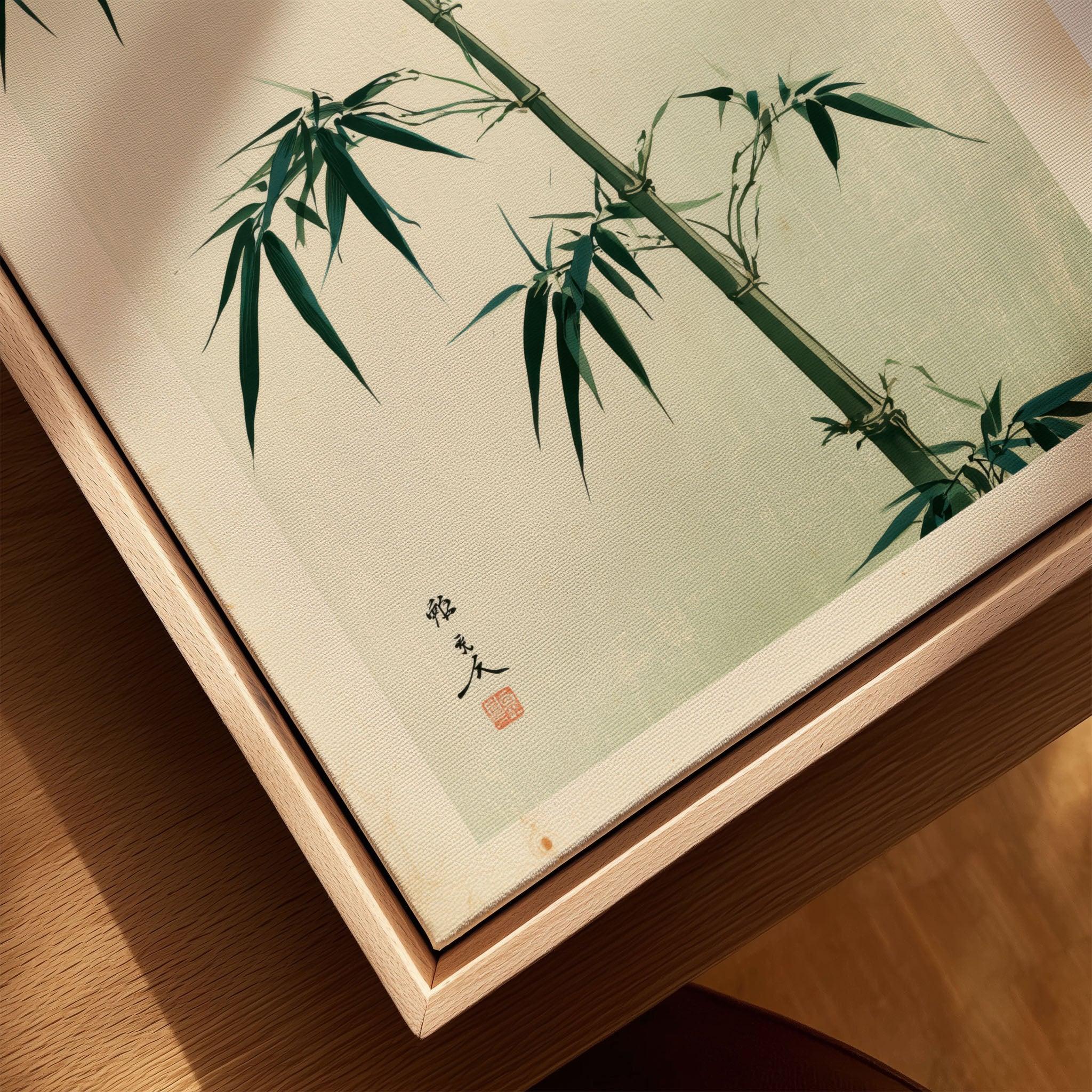 Green Bamboo Art Print – Japanese Botanical Wall Art — closeup framed canvas natural wood floating frame