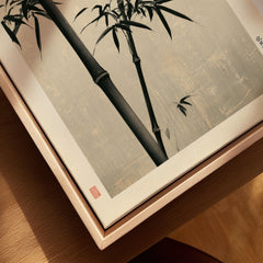 Black Bamboo Art Print – Japanese Ink Wall Art — closeup framed canvas natural wood floating frame
