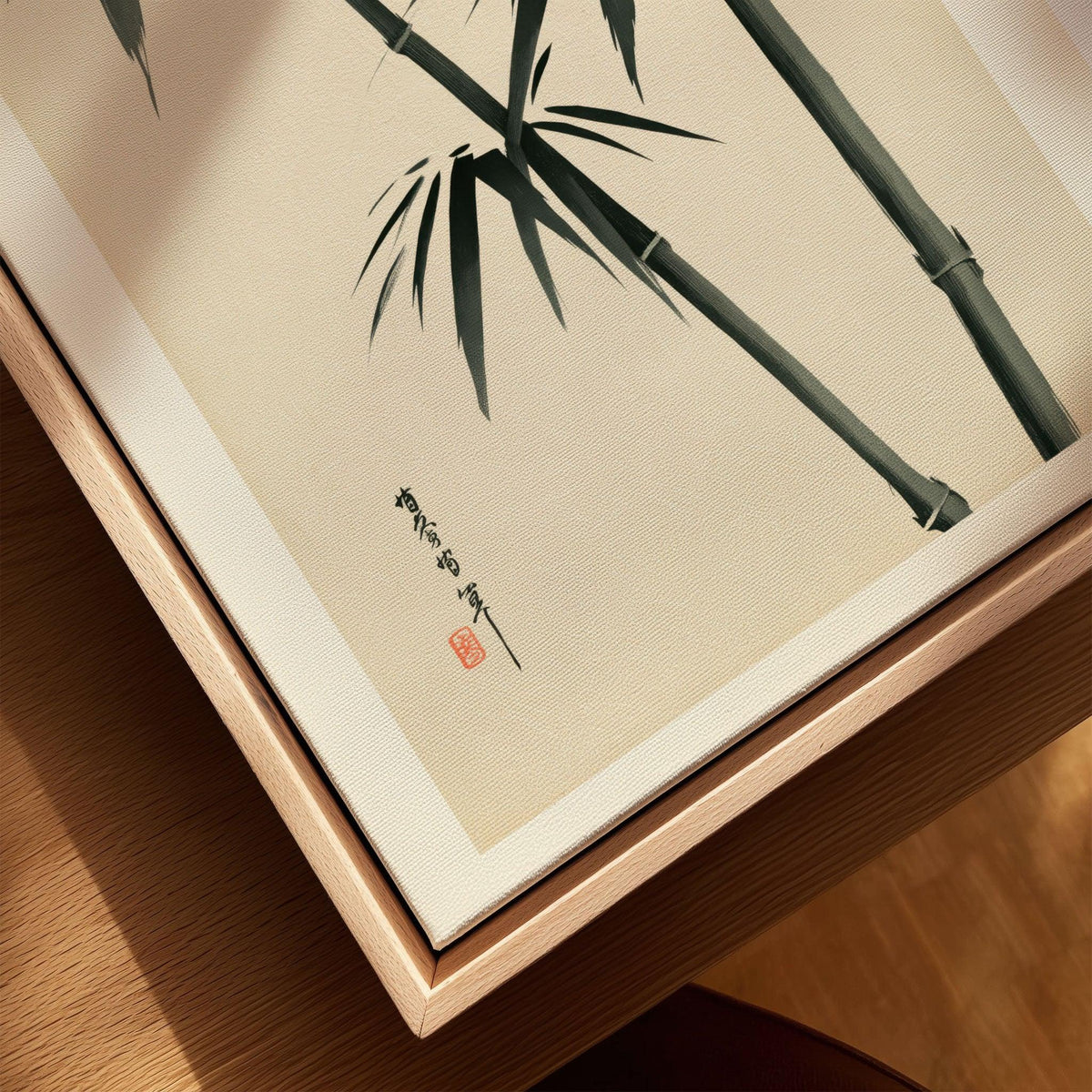 Bamboo Wall Art – Vintage Japanese Ink Print — closeup framed canvas natural wood floating frame