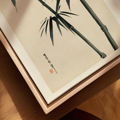 Bamboo Wall Art – Vintage Japanese Ink Print — closeup framed canvas natural wood floating frame