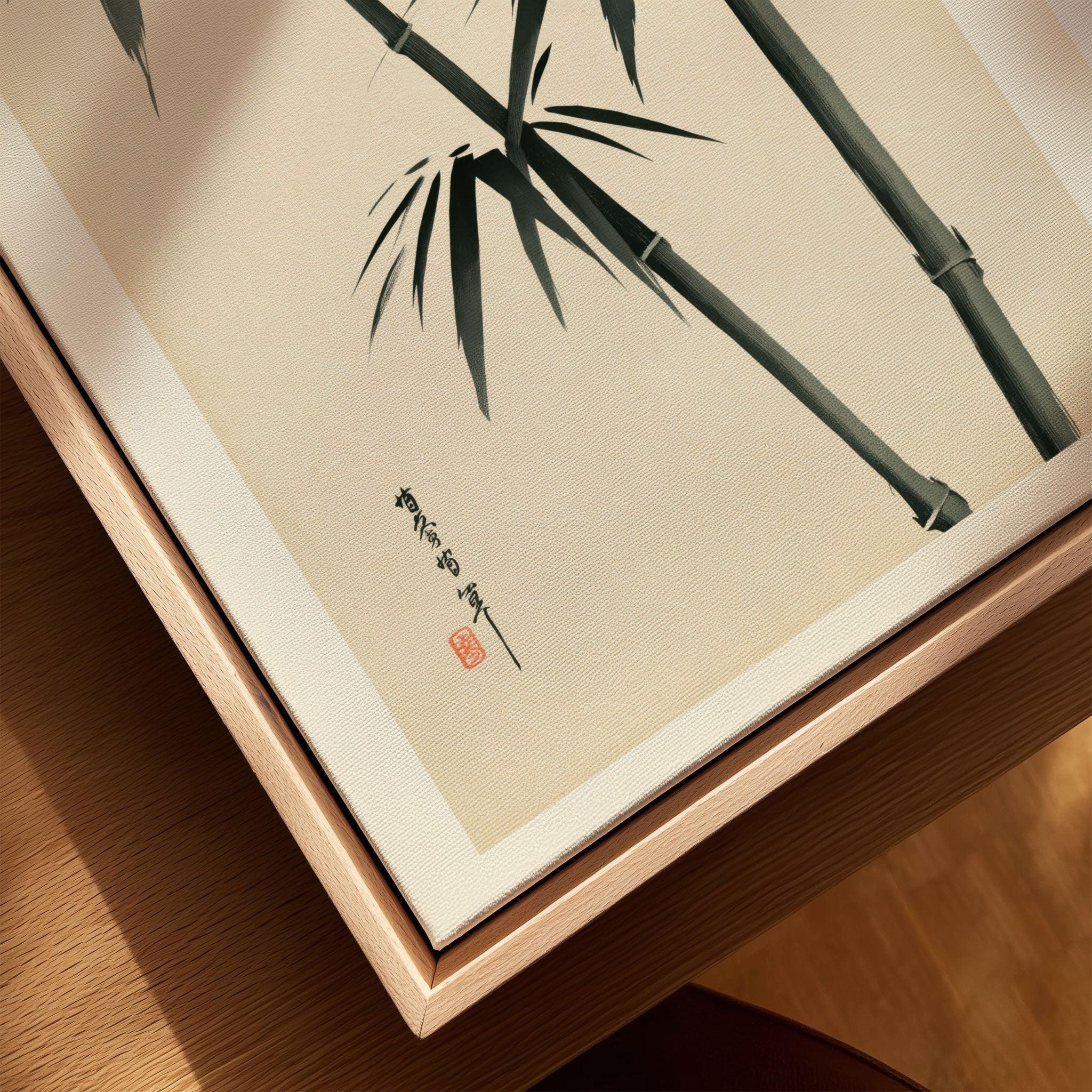 Bamboo Wall Art – Vintage Japanese Ink Print — closeup framed canvas natural wood floating frame