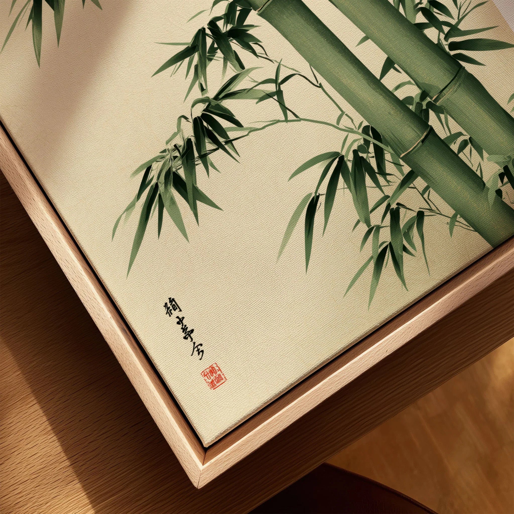 Bamboo Art Print – Green Japanese Botanical Wall Art — closeup framed canvas natural wood floating frame