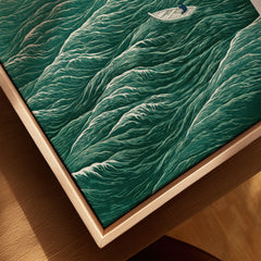 Lone Boat Art Print – Japanese Ocean Wall Art — closeup framed canvas natural wood floating frame