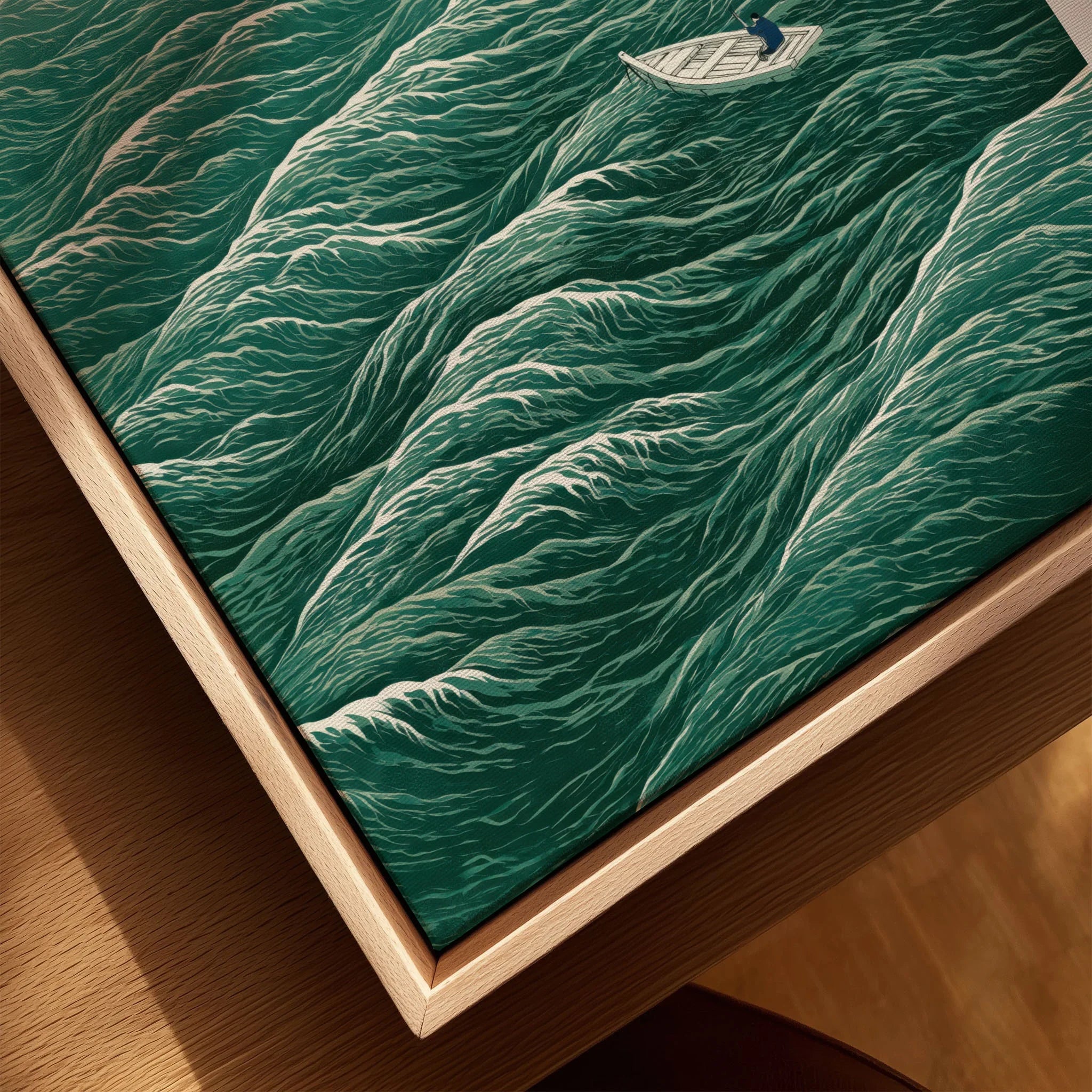 Lone Boat Art Print – Japanese Ocean Wall Art — closeup framed canvas natural wood floating frame