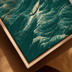 Fishing Boat Wall Art – Vintage Japanese Ocean Print — closeup framed canvas natural wood floating frame