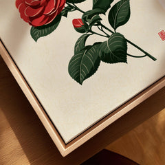 Red Camellia Art Print – Japanese Botanical Wall Art — closeup framed canvas natural wood floating frame