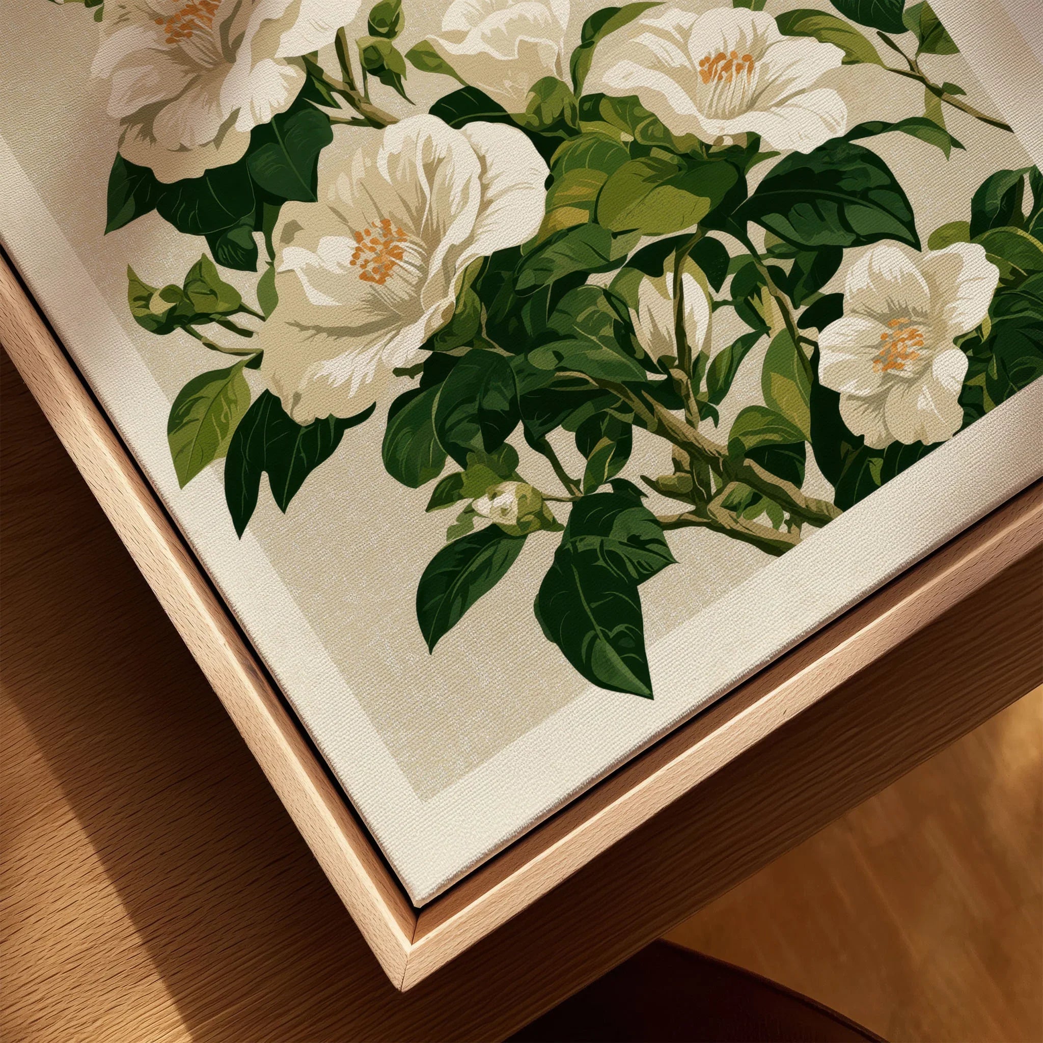 White Camellia Art Print – Vintage Japanese Botanical Wall Art — closeup framed canvas natural wood floating frame