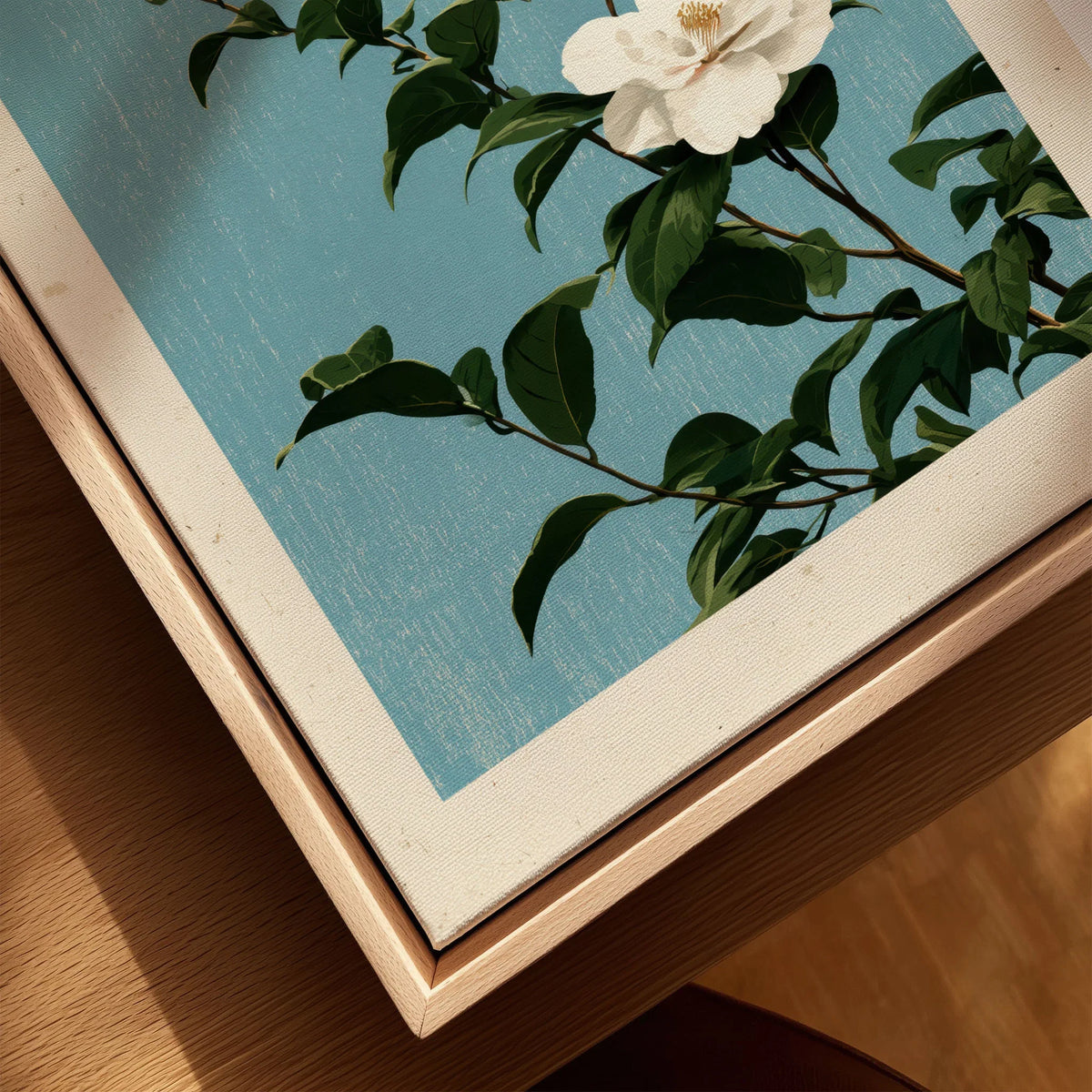 Camellia Wall Art – Blue Japanese Botanical Print — closeup framed canvas natural wood floating frame