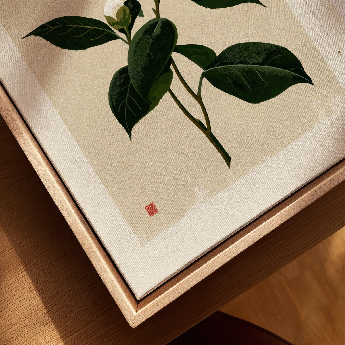 White Camellia Wall Art – Minimalist Japanese Botanical Print — closeup framed canvas natural wood floating frame