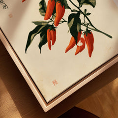 Red Chilli Art Print – Japanese Botanical Kitchen Wall Art — closeup framed canvas natural wood floating frame