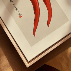 Chilli Pepper Wall Art – Minimalist Japanese Kitchen Print — closeup framed canvas natural wood floating frame