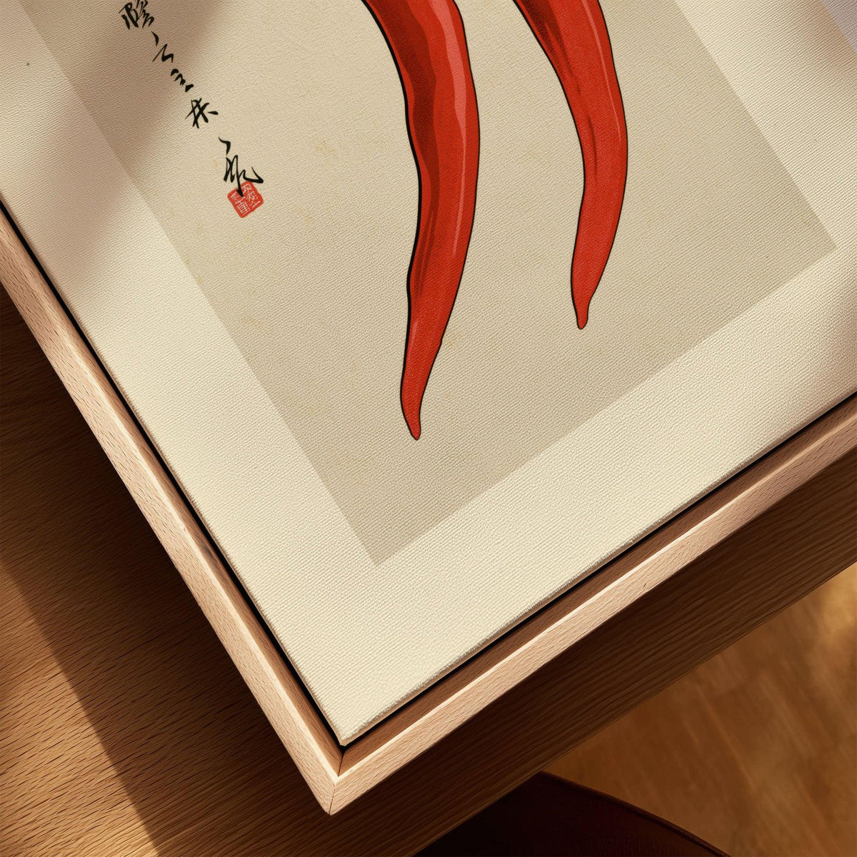 Chilli Pepper Wall Art – Minimalist Japanese Kitchen Print — closeup framed canvas natural wood floating frame