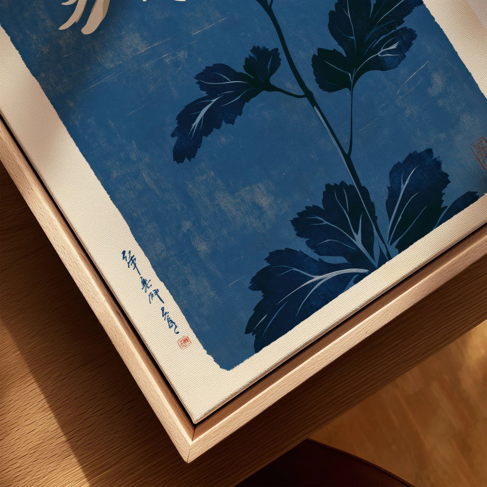 Chrysanthemum Art Print – Blue Japanese Botanical Wall Art — closeup framed canvas natural wood floating frame
