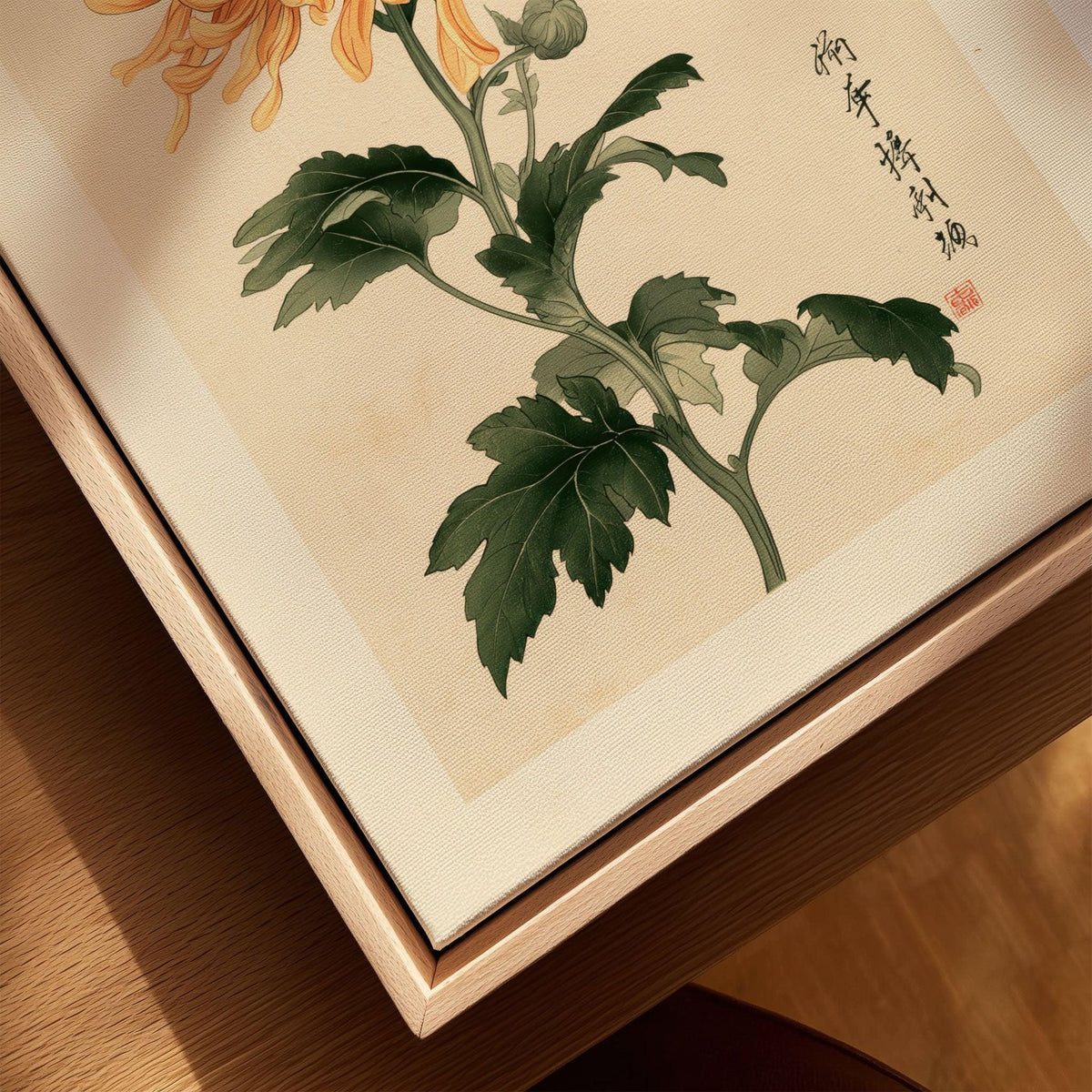 Orange Chrysanthemum Art Print – Vintage Japanese Wall Art — closeup framed canvas natural wood floating frame