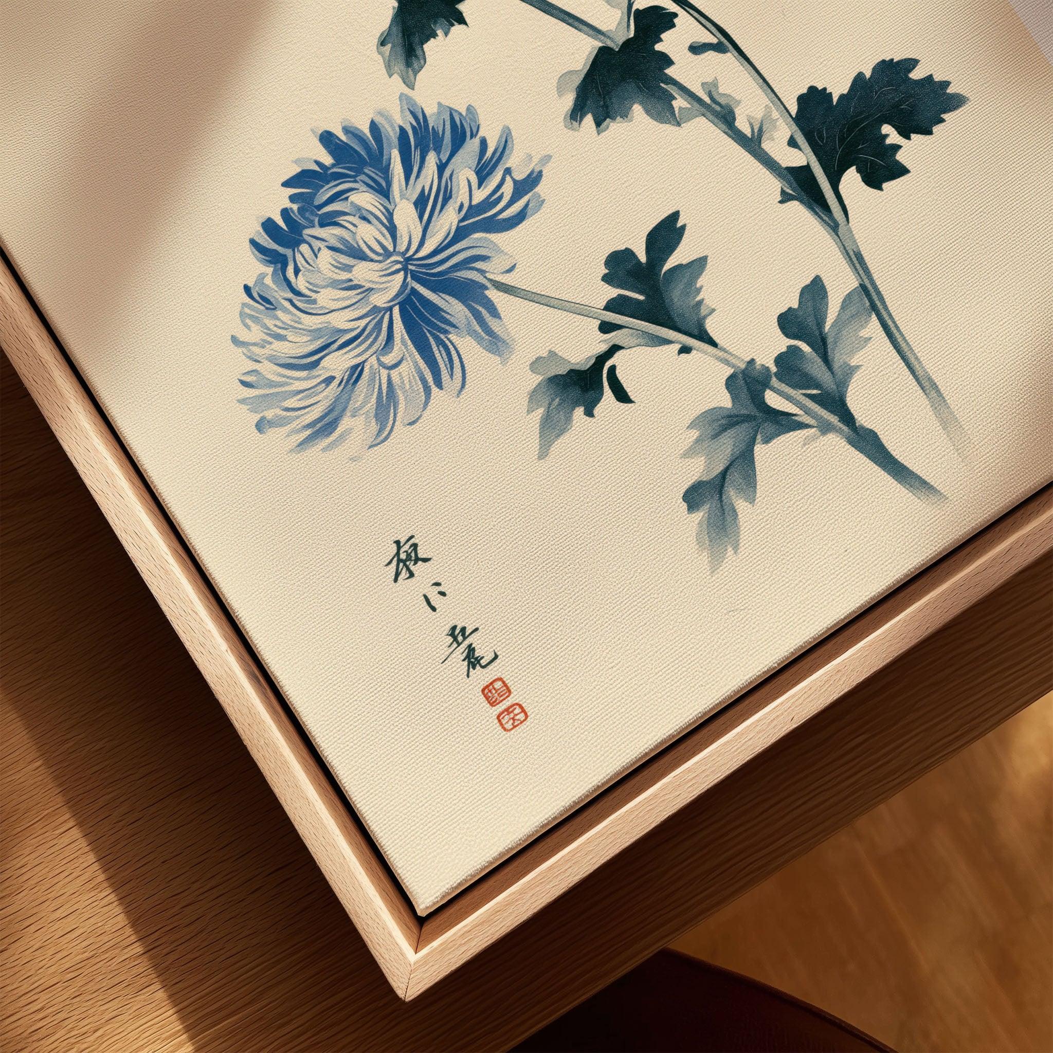 Blue Chrysanthemum Art Print – Japanese Botanical Wall Art — closeup framed canvas natural wood floating frame