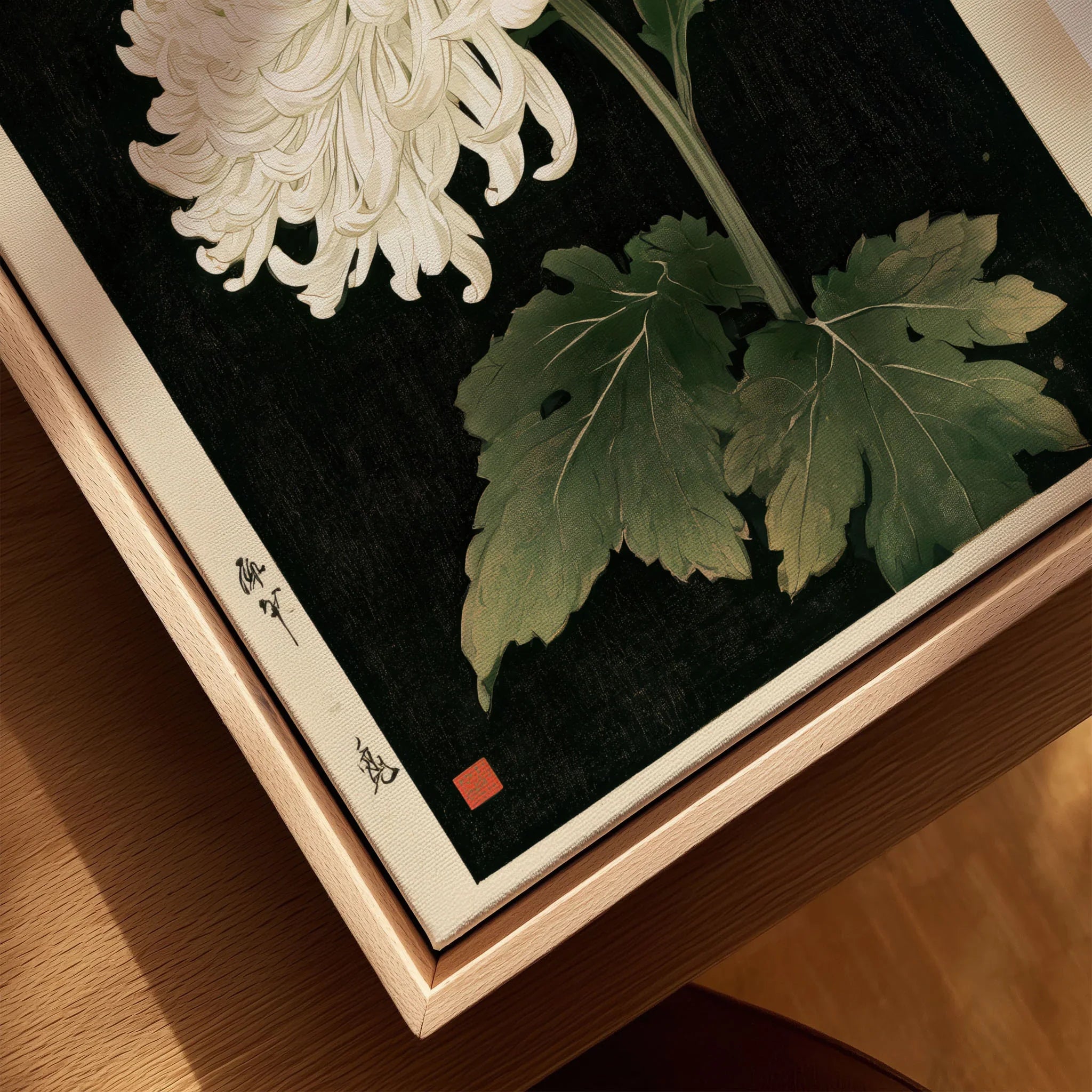 White Chrysanthemum Wall Art – Black Japanese Botanical Print — closeup framed canvas natural wood floating frame