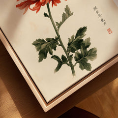 Red Chrysanthemum Art Print – Vintage Japanese Flower Wall Art — closeup framed canvas natural wood floating frame