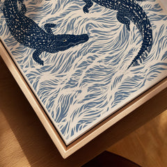Crocodile Art Print – Blue Japanese Woodblock Wall Art — closeup framed canvas natural wood floating frame