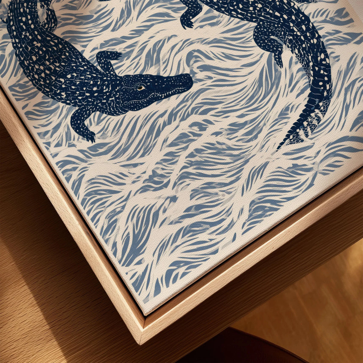 Crocodile Art Print – Blue Japanese Woodblock Wall Art — closeup framed canvas natural wood floating frame